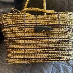 Handcrafted mettalic gold and Brown Woven Tote market bag
